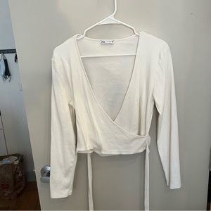 Zara Ribbed White Long Sleeve Cropped w waist tie